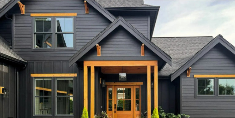 Modern black custom siding with natural wood accents on a contemporary home.