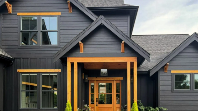 “Modern black custom siding with natural wood accents on a contemporary home.”